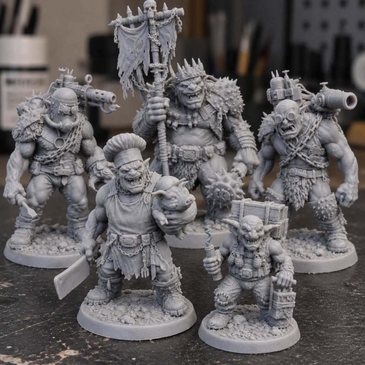 GRIMSPOIL: Iron Grin Mob – 5 Model Starter Warband | 16K Resin Printed Ork Miniatures