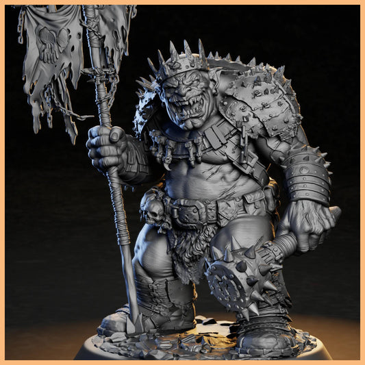 GrimSpoil Iron Grin Mob King 32mm STL Miniature showcasing a menacing Ork with battle armor and a spiked mace, perfect for fantasy RPGs and wargames.