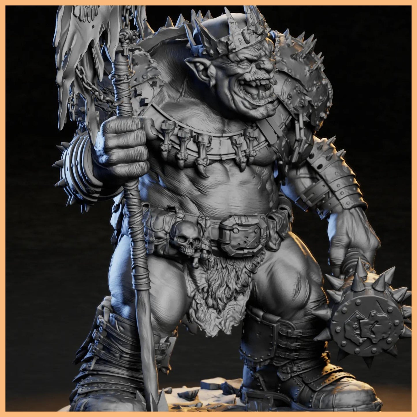 GrimSpoil Iron Grin Mob King 32mm STL Miniature surrounded by mythical scenery, highlighting its intricate design for dark-fantasy miniature collections.