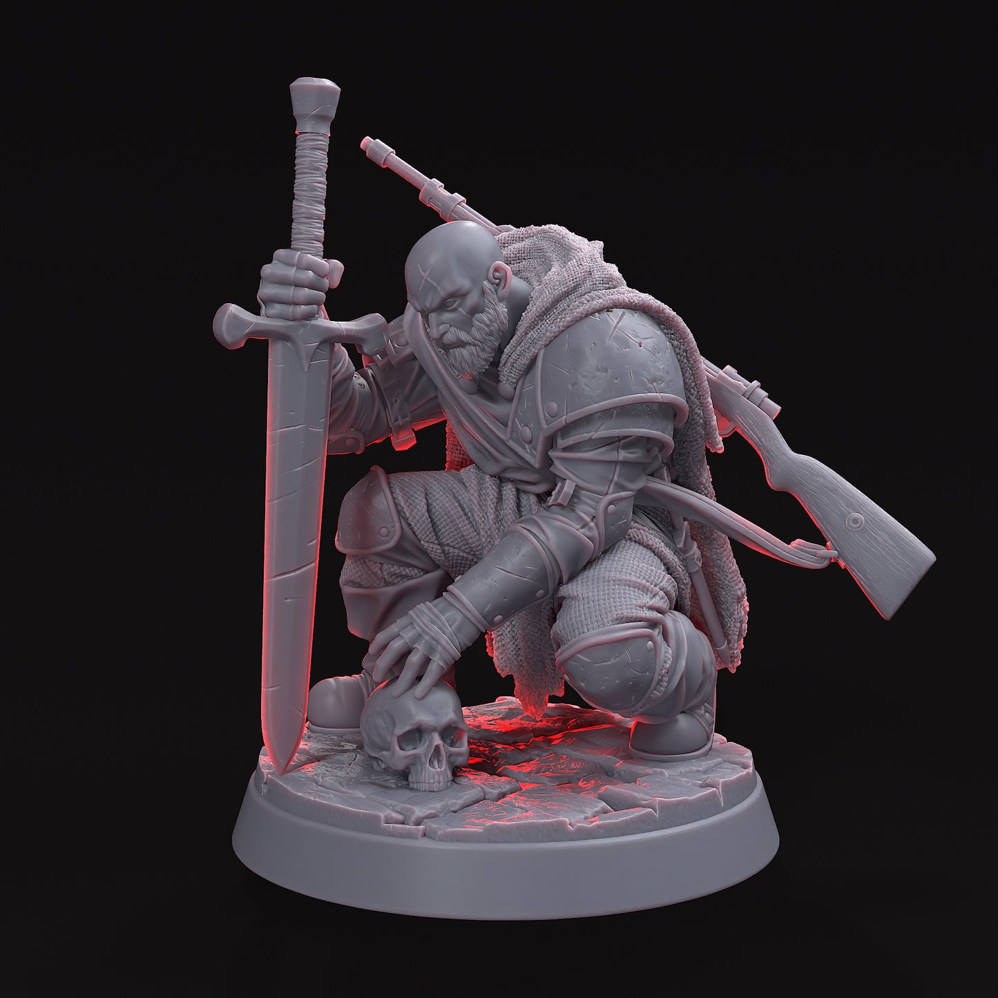 Mateo de la Sombra – The Shade of the Vultari STL File showcasing the character in ghostly armor, ready for action with a rifle and greatsword, embodying the shadows of the Vultari Syndicate.