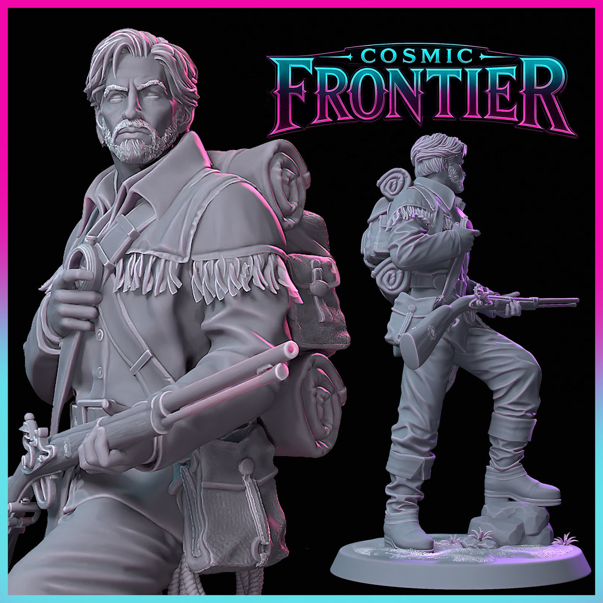 Elias Boone character depiction showing the wilderness spirit, inspired by frontier legend Daniel Boone, guiding travelers through untamed landscapes.
