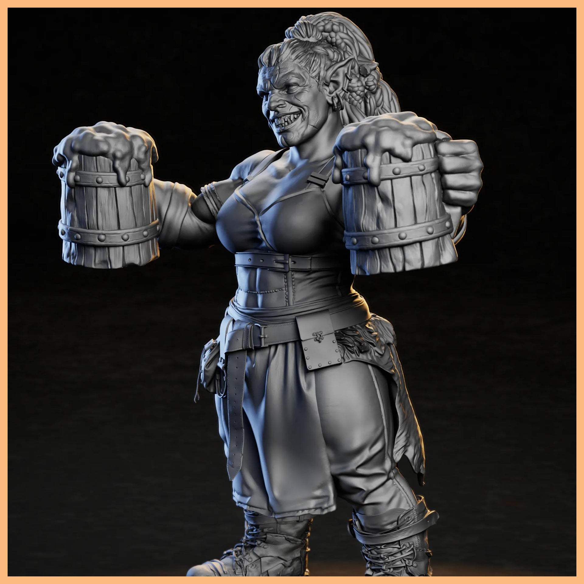 Detailed 3D miniature of GrimSpoil Tavern Keeper, showcasing her aggressive stance and oversized proportions.