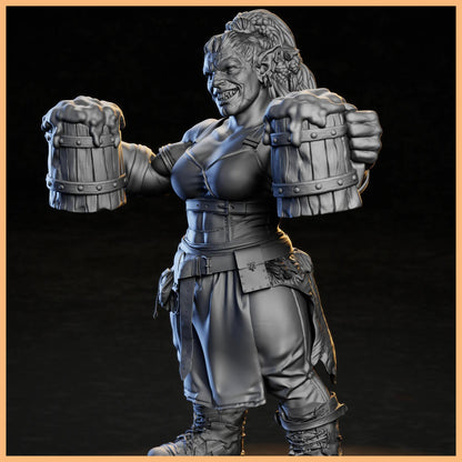 Detailed 3D miniature of GrimSpoil Tavern Keeper, showcasing her aggressive stance and oversized proportions.