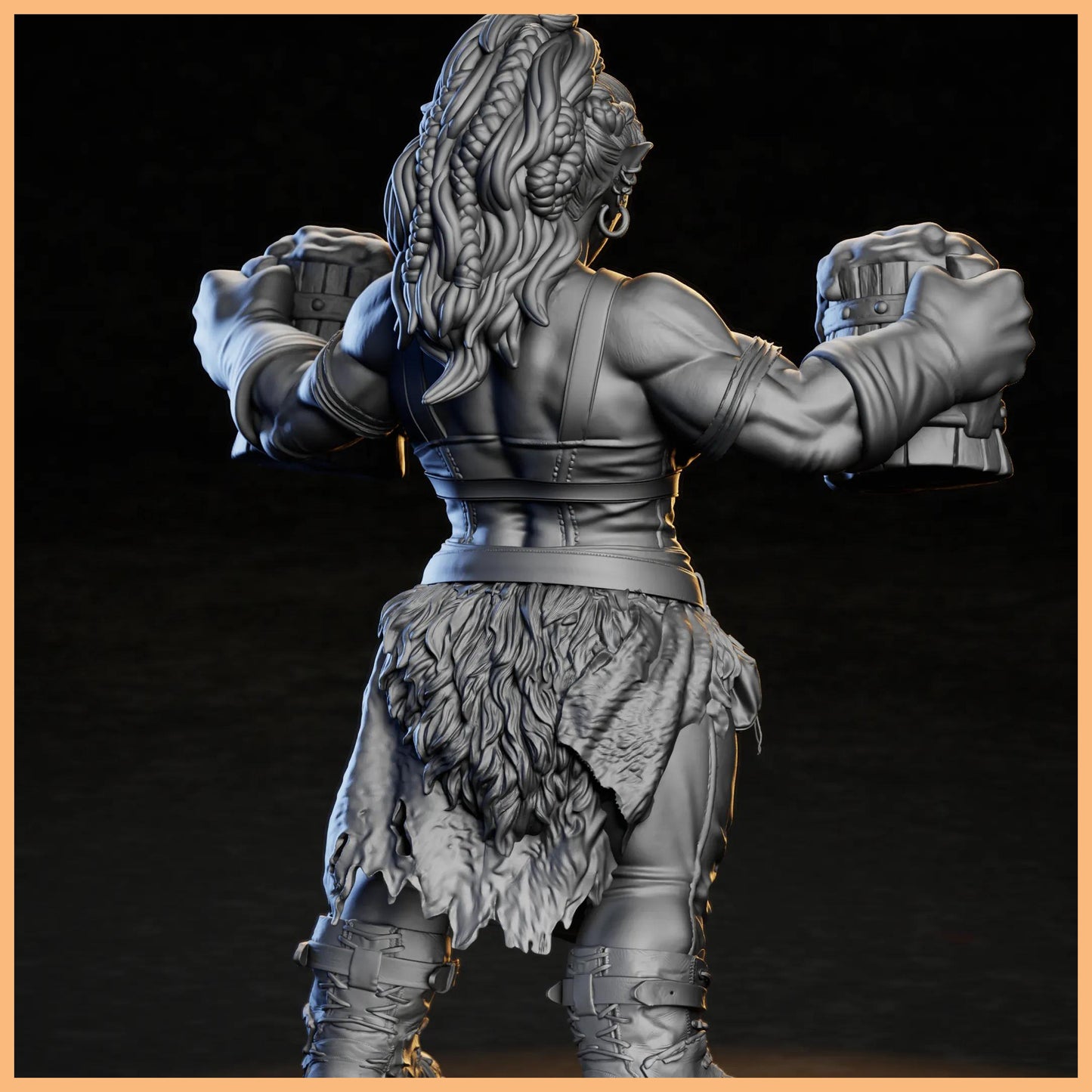 Artistic rendering of GrimSpoil Tavern Keeper in action, exemplifying her character from GrimSpoil: The Iron Grin Mob.