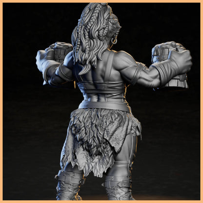 Artistic rendering of GrimSpoil Tavern Keeper in action, exemplifying her character from GrimSpoil: The Iron Grin Mob.