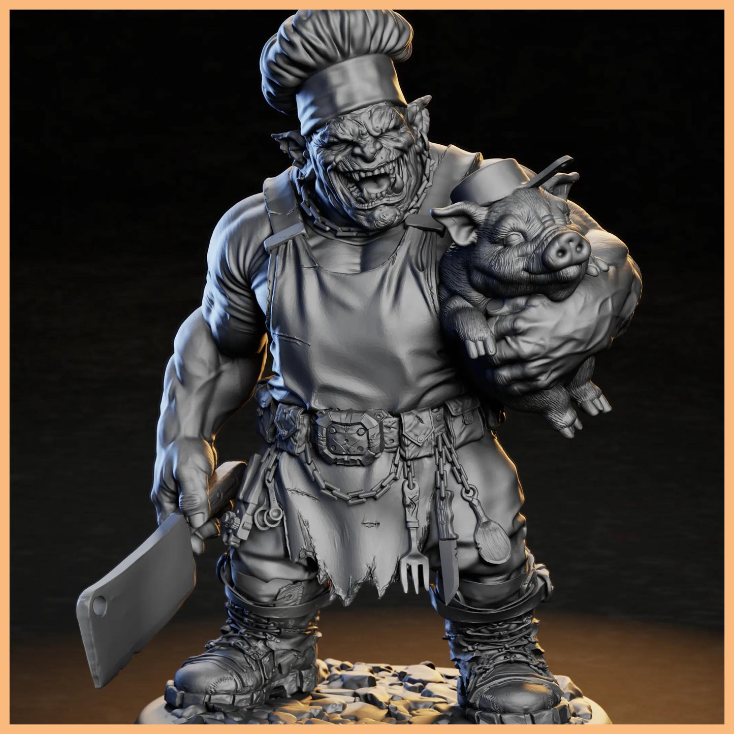 GrimSpoil Iron Grin Mob Boss Hog 32mm STL Miniature for 3D Printing, featuring the Ork Chef with a massive cleaver and a towering chef's hat.