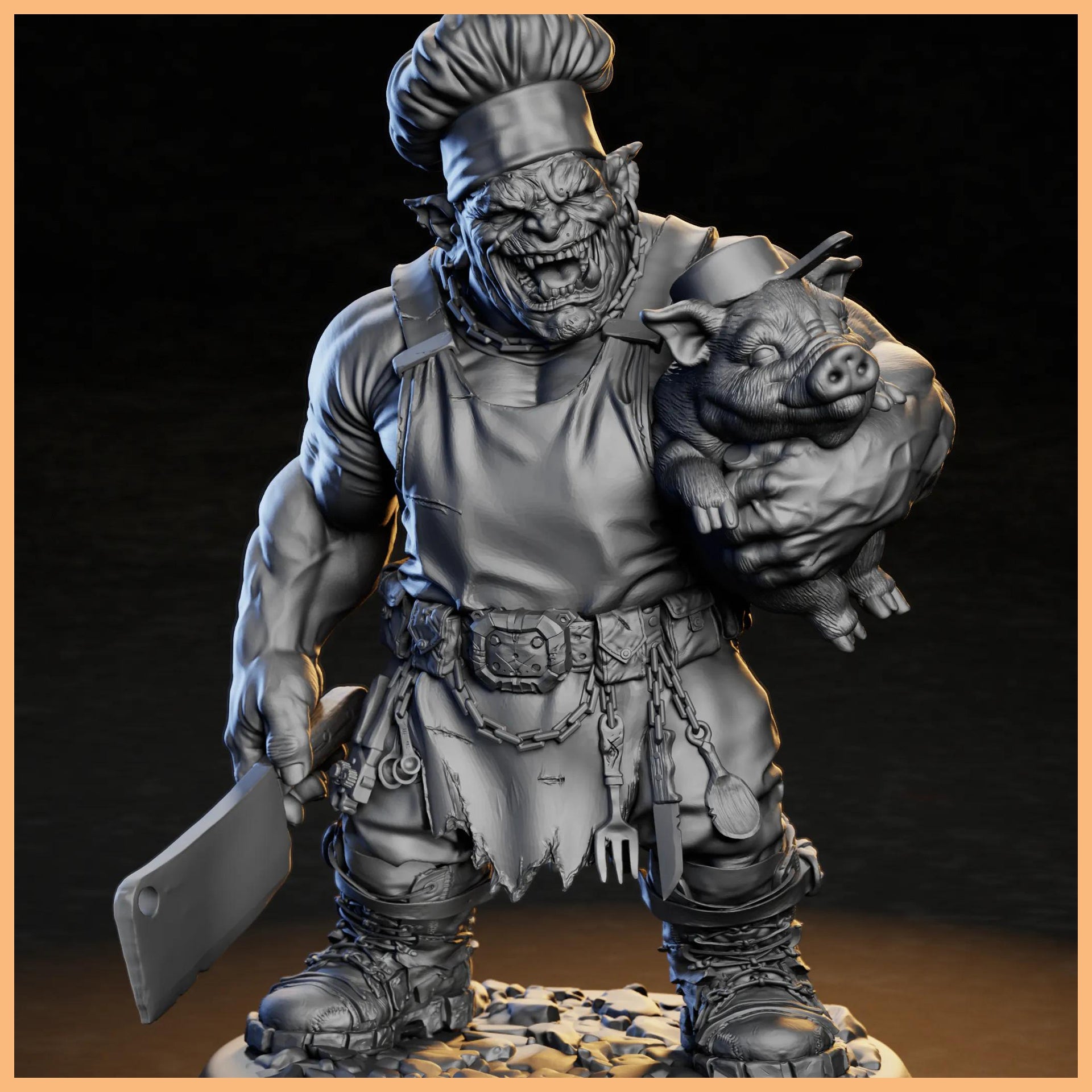 GrimSpoil Iron Grin Mob Boss Hog 32mm STL Miniature for 3D Printing, featuring the Ork Chef with a massive cleaver and a towering chef's hat.