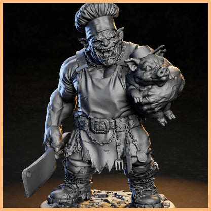 GrimSpoil Iron Grin Mob Boss Hog 32mm STL Miniature for 3D Printing, featuring the Ork Chef with a massive cleaver and a towering chef's hat.
