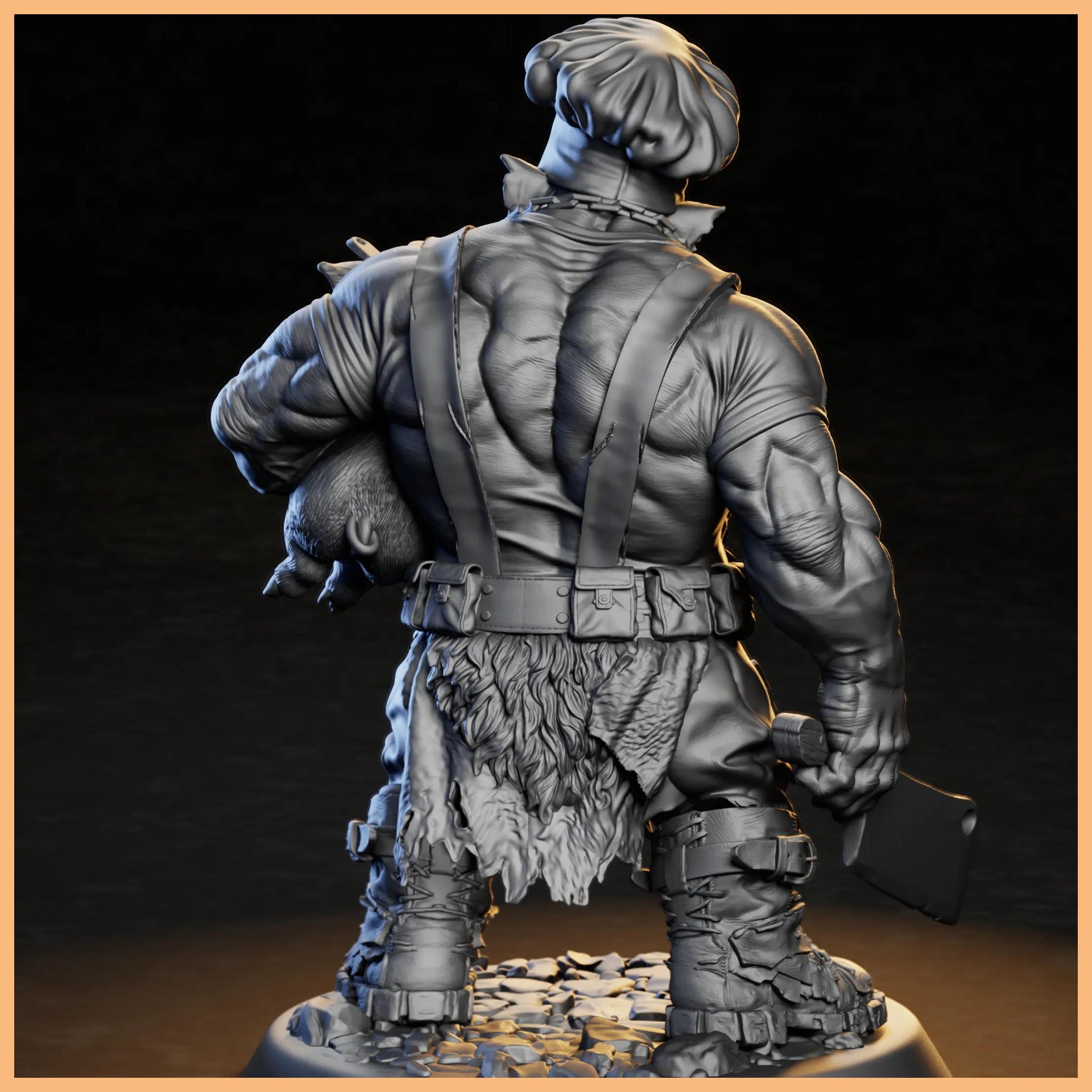 Close-up of GrimSpoil Iron Grin Mob Boss Hog 32mm STL Miniature for 3D Printing, showcasing the details on the Ork Chef's apron and cooking tools.