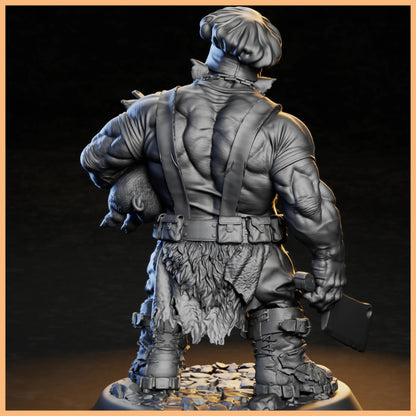 Close-up of GrimSpoil Iron Grin Mob Boss Hog 32mm STL Miniature for 3D Printing, showcasing the details on the Ork Chef's apron and cooking tools.