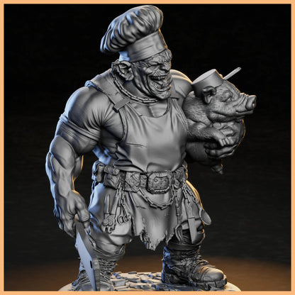 Dynamic pose of GrimSpoil Iron Grin Mob Boss Hog 32mm STL Miniature for 3D Printing, displaying the Ork Chef in action while preparing his signature dish.