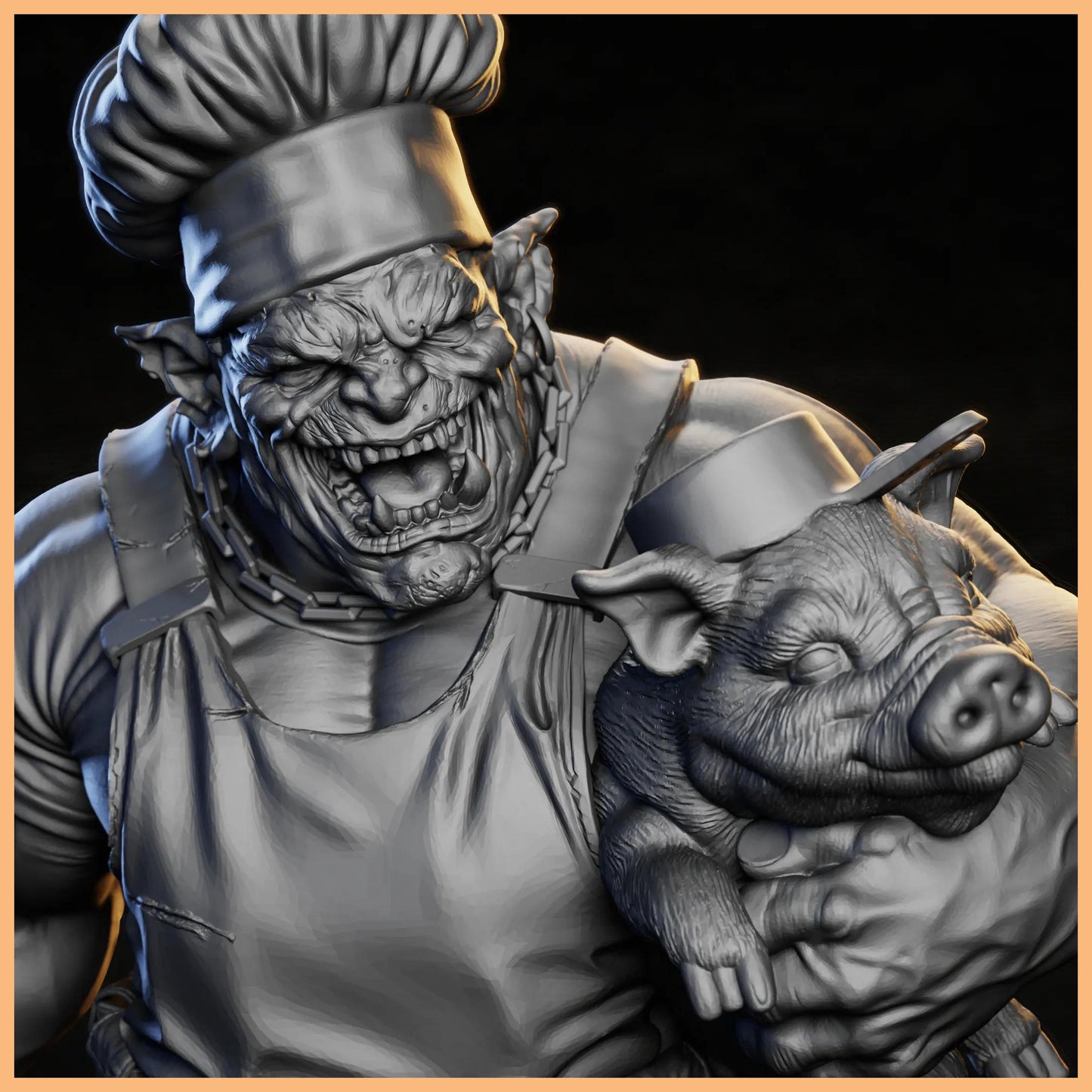 GrimSpoil Iron Grin Mob Boss Hog 32mm STL Miniature for 3D Printing, highlighting the humorous character design of the Ork Chef with his prize pig.