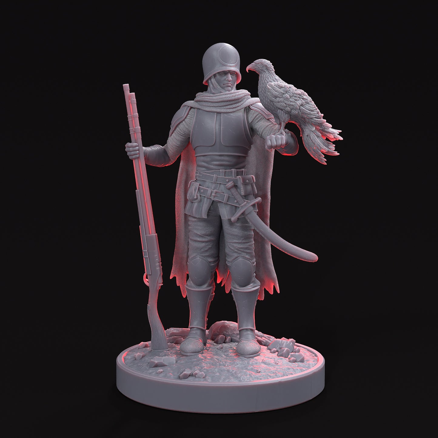 CALIGO The Phantom of the Ash Veil STL File showcasing the fierce character Catalina del Río in battle armor, wielding a Mortis Censer rifle with a war-eagle, symbolizing strength and mystery.