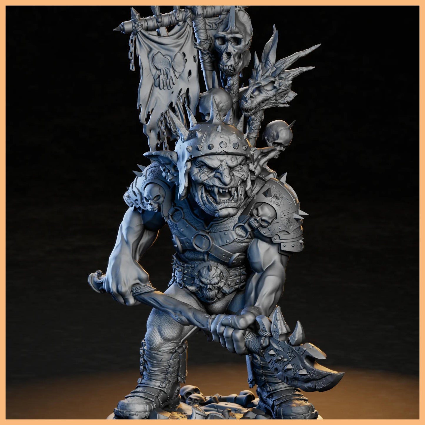 GrimSpoil Goblin Skull Chief 32mm STL Miniature for 3D Printing, showcasing a detailed goblin warlord with a massive battle axe and a trophy war banner.