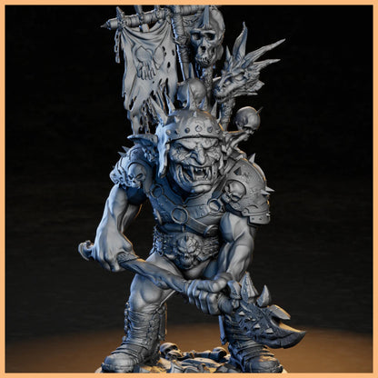 GrimSpoil Goblin Skull Chief 32mm STL Miniature for 3D Printing, showcasing a detailed goblin warlord with a massive battle axe and a trophy war banner.