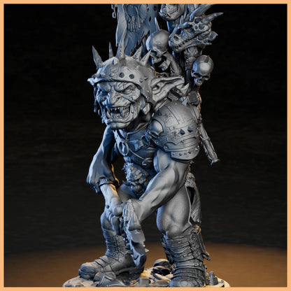 GrimSpoil Goblin Skull Chief 32mm STL Miniature for 3D Printing, featuring intricate details on the goblin's armor and a collection of skull trophies.