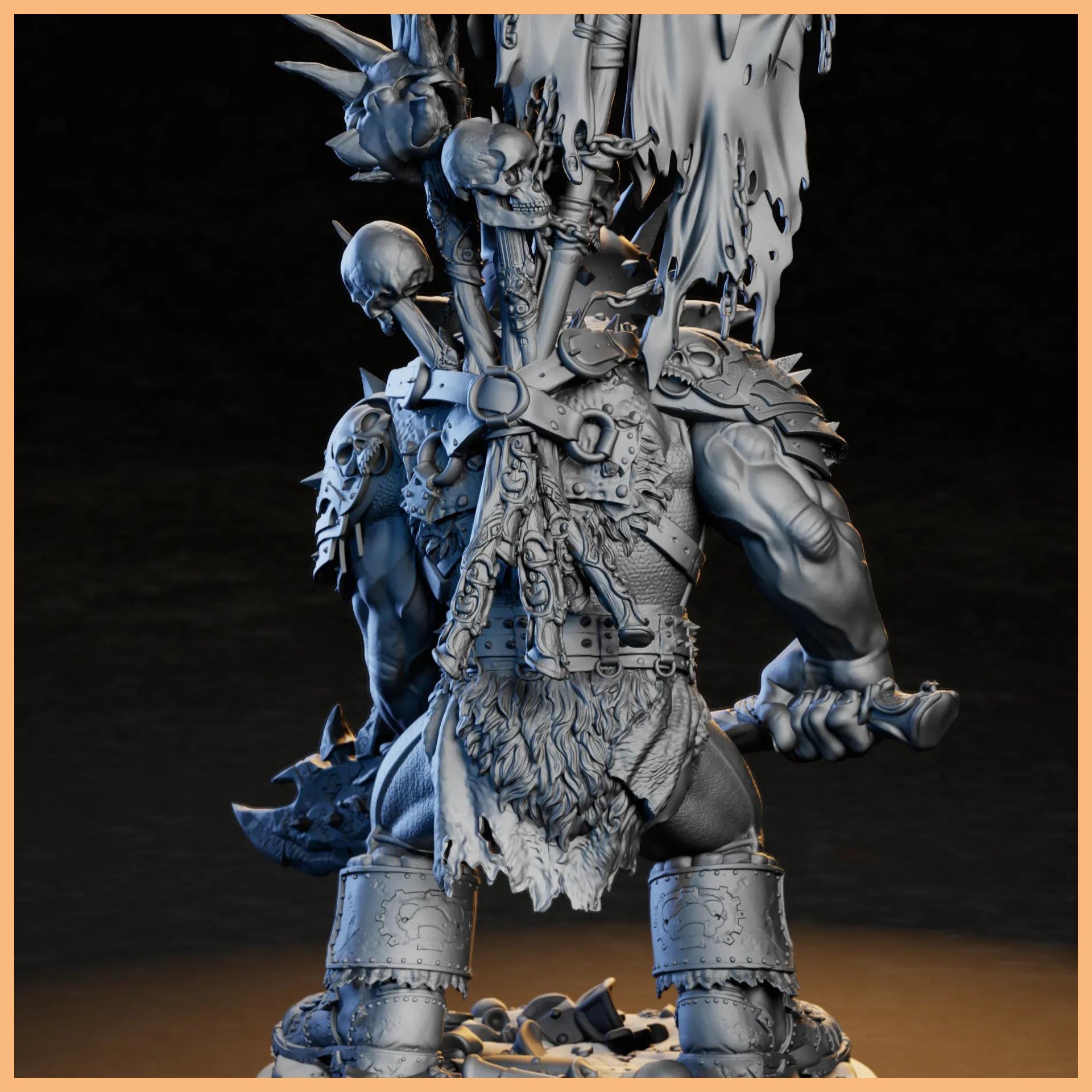 GrimSpoil Goblin Skull Chief 32mm STL Miniature for 3D Printing, side view highlighting the dynamic design of the goblin skull chief with skulls and chains.