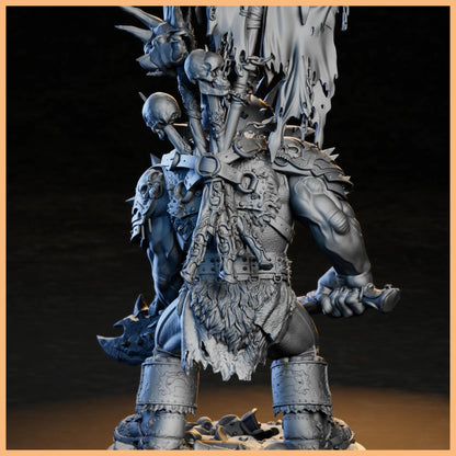 GrimSpoil Goblin Skull Chief 32mm STL Miniature for 3D Printing, side view highlighting the dynamic design of the goblin skull chief with skulls and chains.