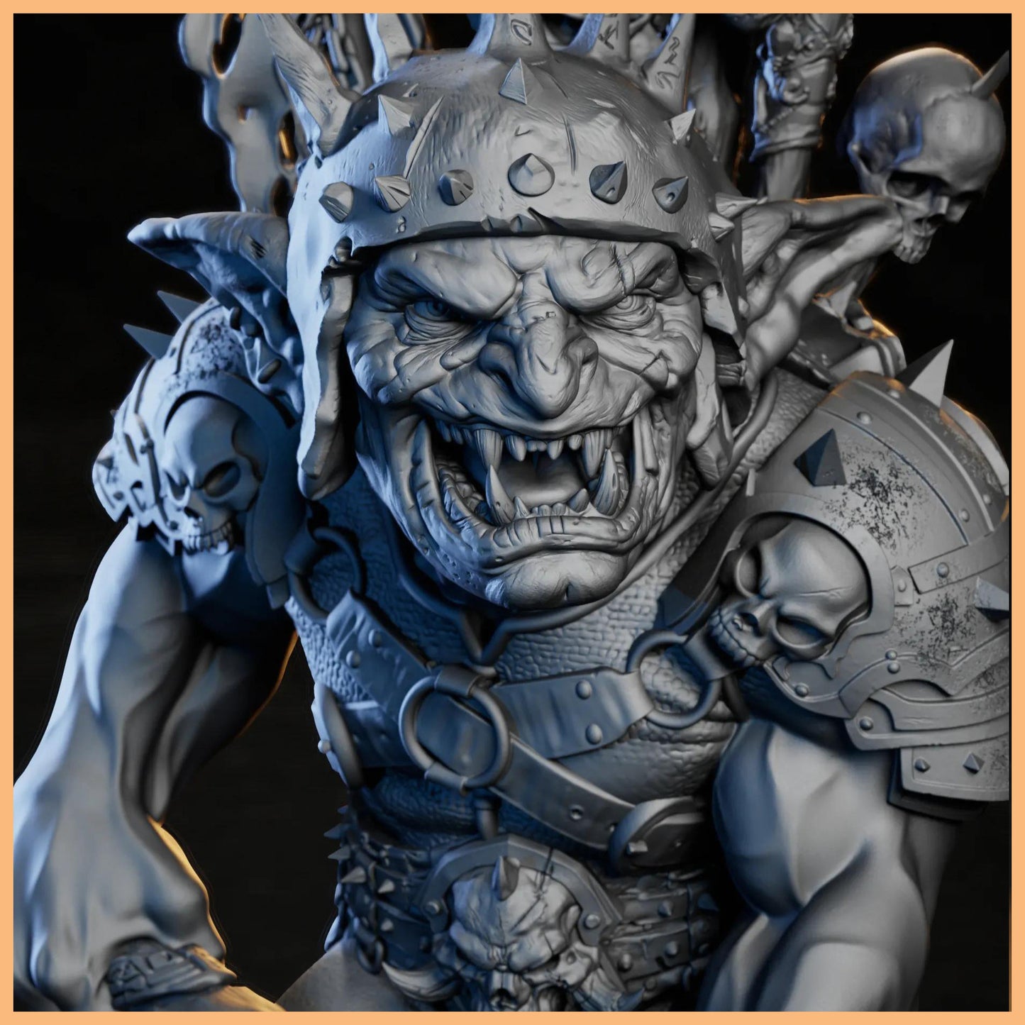 GrimSpoil Goblin Skull Chief 32mm STL Miniature for 3D Printing, front view displaying the fierce expression of the goblin warlord ready for battle.