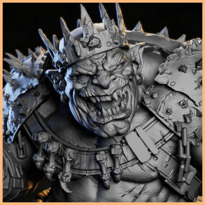 Detailed view of GrimSpoil Iron Grin Mob King 32mm STL Miniature featuring impressive armor and a fierce expression, ideal for 3D printing enthusiasts.