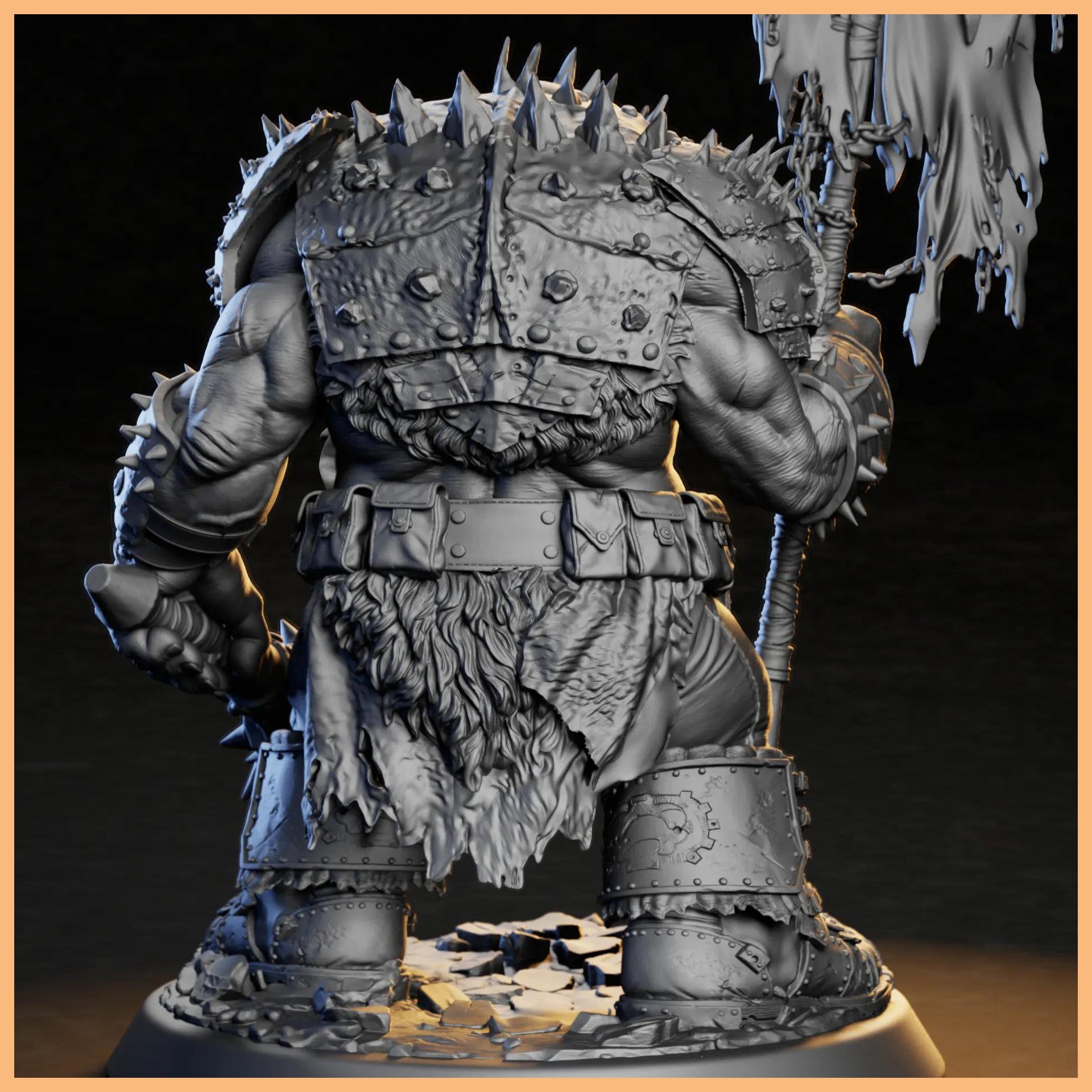 GrimSpoil Iron Grin Mob King 32mm STL Miniature in action pose, holding a banner and weapon, a great choice for collectors and tabletop gamers.