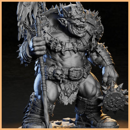 GrimSpoil Iron Grin Mob King 32mm STL Miniature surrounded by mythical scenery, highlighting its intricate design for dark-fantasy miniature collections.
