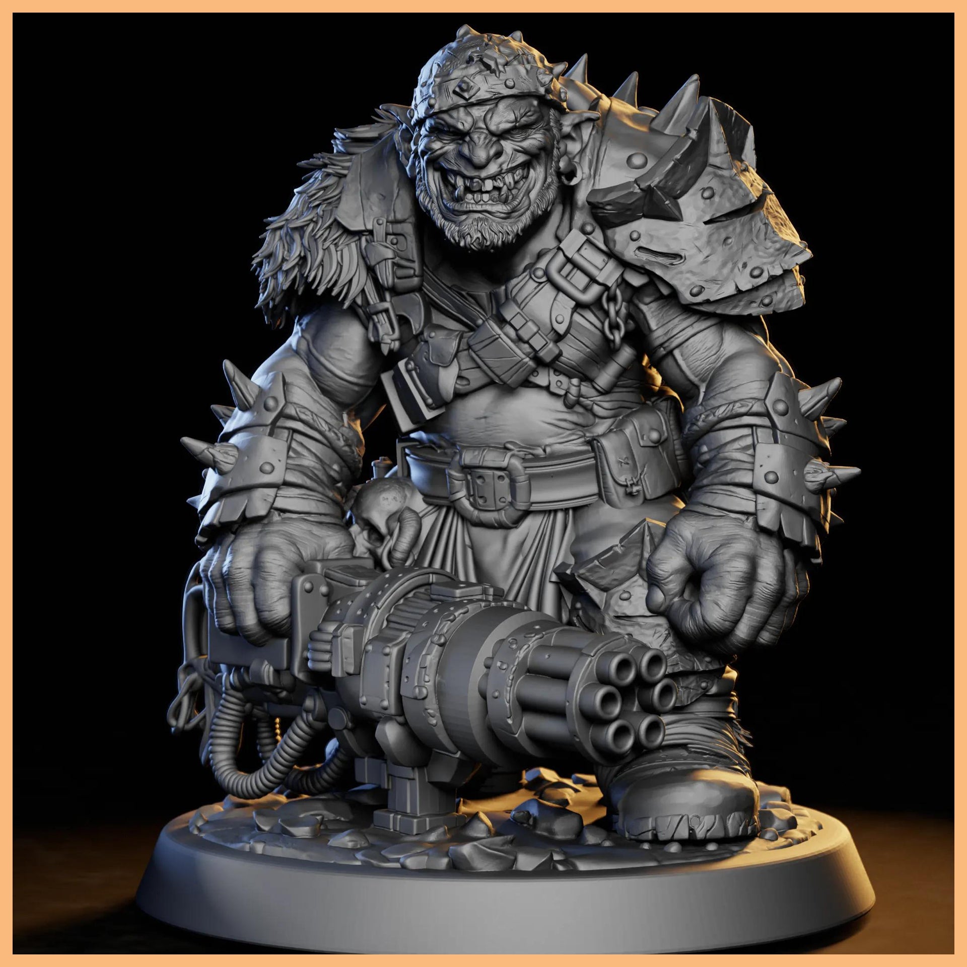 GRIMSPOIL IRON GRIN MOB MACHINE GUNNER 32mm STL miniature showcasing an Ork heavy gunner armed with a massive multi-barrel machine gun, detailed scrap-metal armor, and intense battle gear for 3D printing.