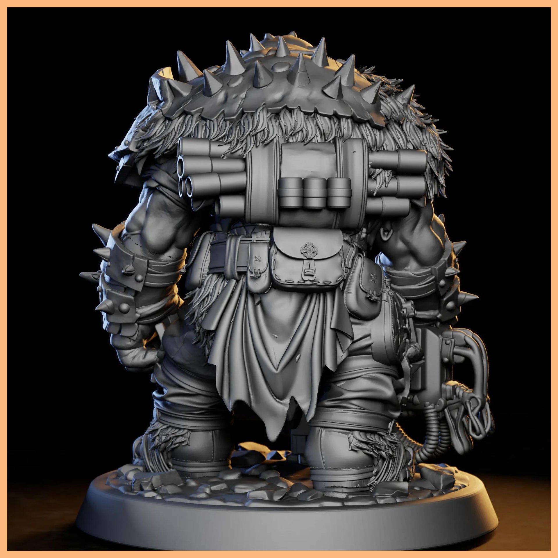 Detailed view of the GRIMSPOIL IRON GRIN MOB MACHINE GUNNER 32mm STL miniature featuring the hulking Ork with spiked shoulder pauldrons, ammunition belts, and rugged fantasy detailing.