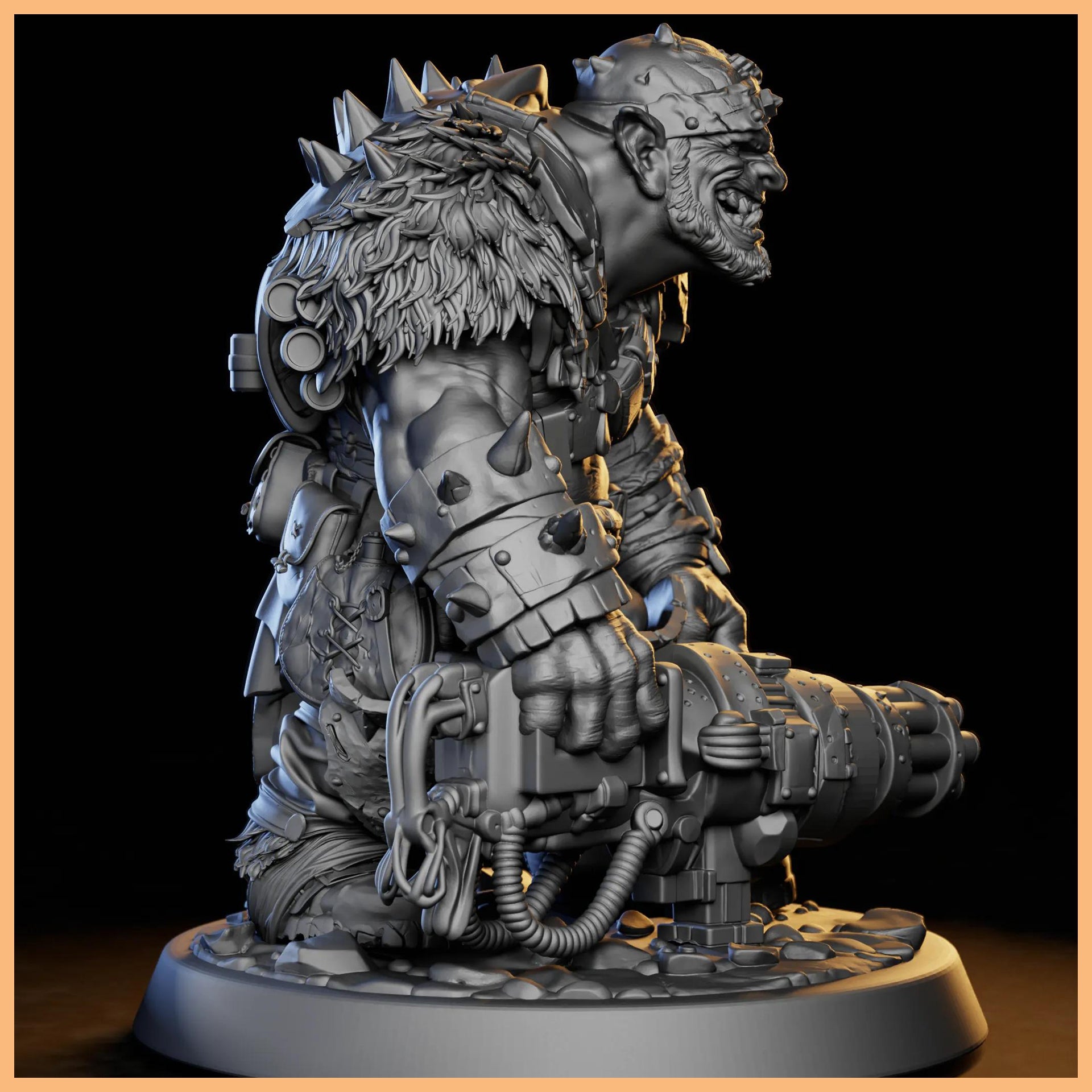 Dynamic pose of the GRIMSPOIL IRON GRIN MOB MACHINE GUNNER 32mm STL miniature, illustrating the Ork heavy gunner ready for battle with his spinning barrel machine gun and fierce expression.