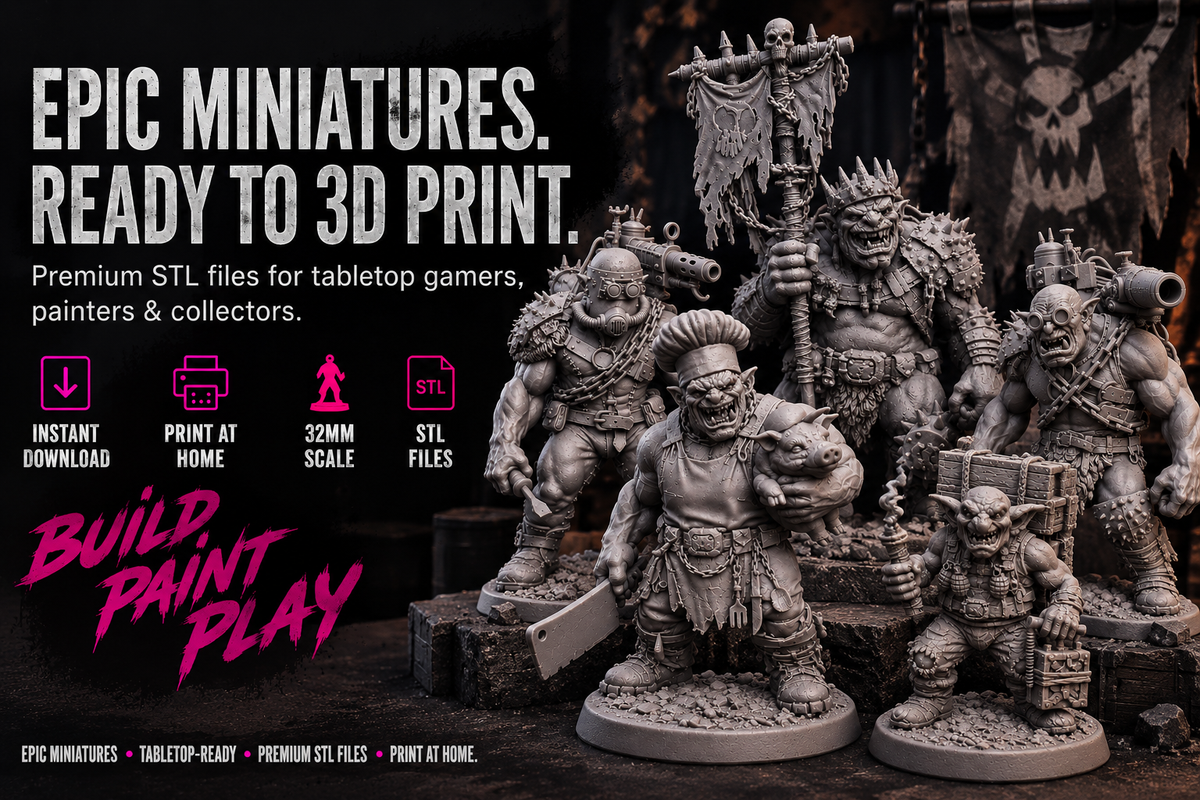 Promotional graphic for 3D-printable tabletop miniatures showing several gray fantasy character models posed in a dark styled scene. Large text reads 'EPIC MINIATURES.