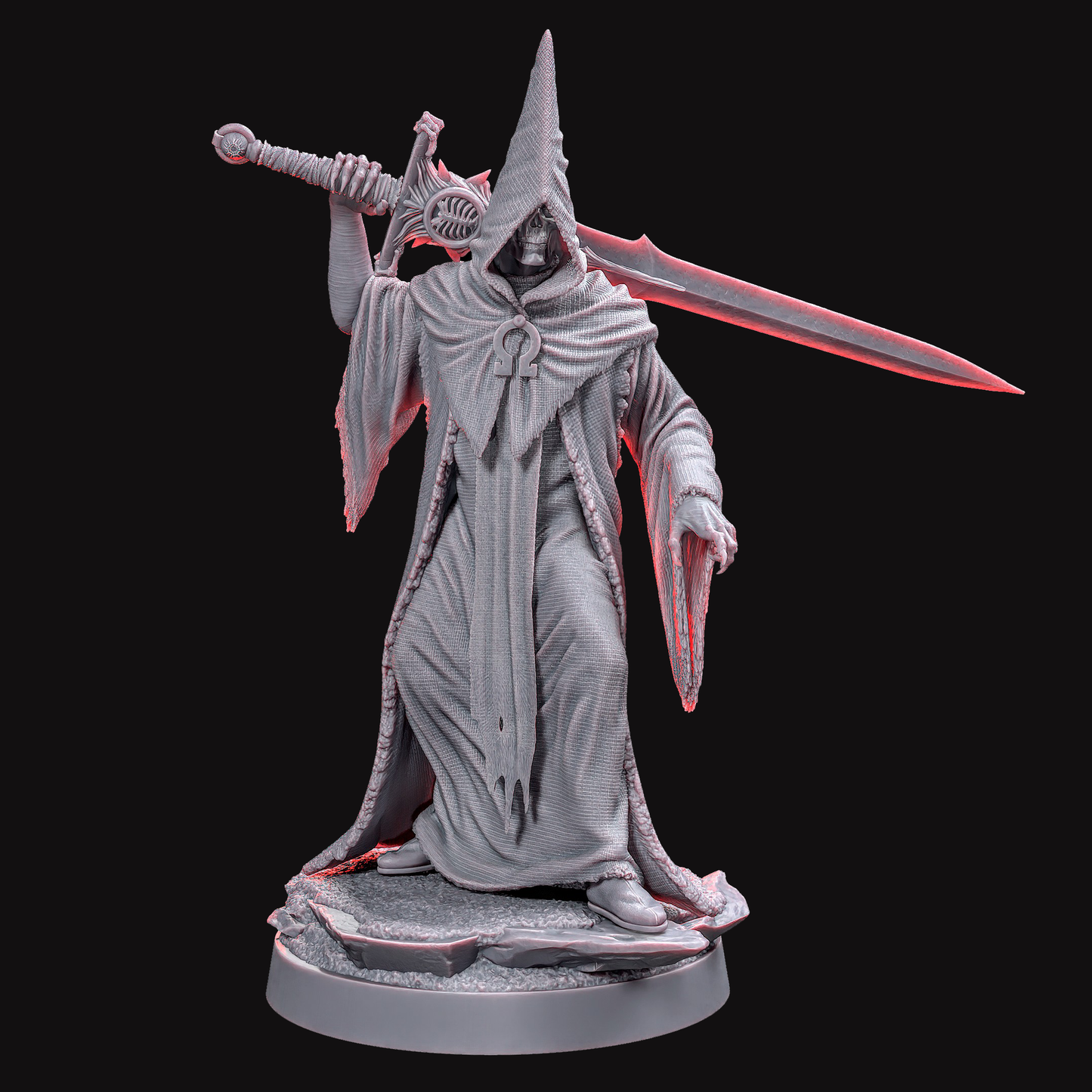LORD MALACHAI STL File - A striking digital model of the Light incarnate, depicting a hooded figure with the Omega Sigil and holding The Spiral Tongue sword, inspired by dark fantasy lore and historical themes.
