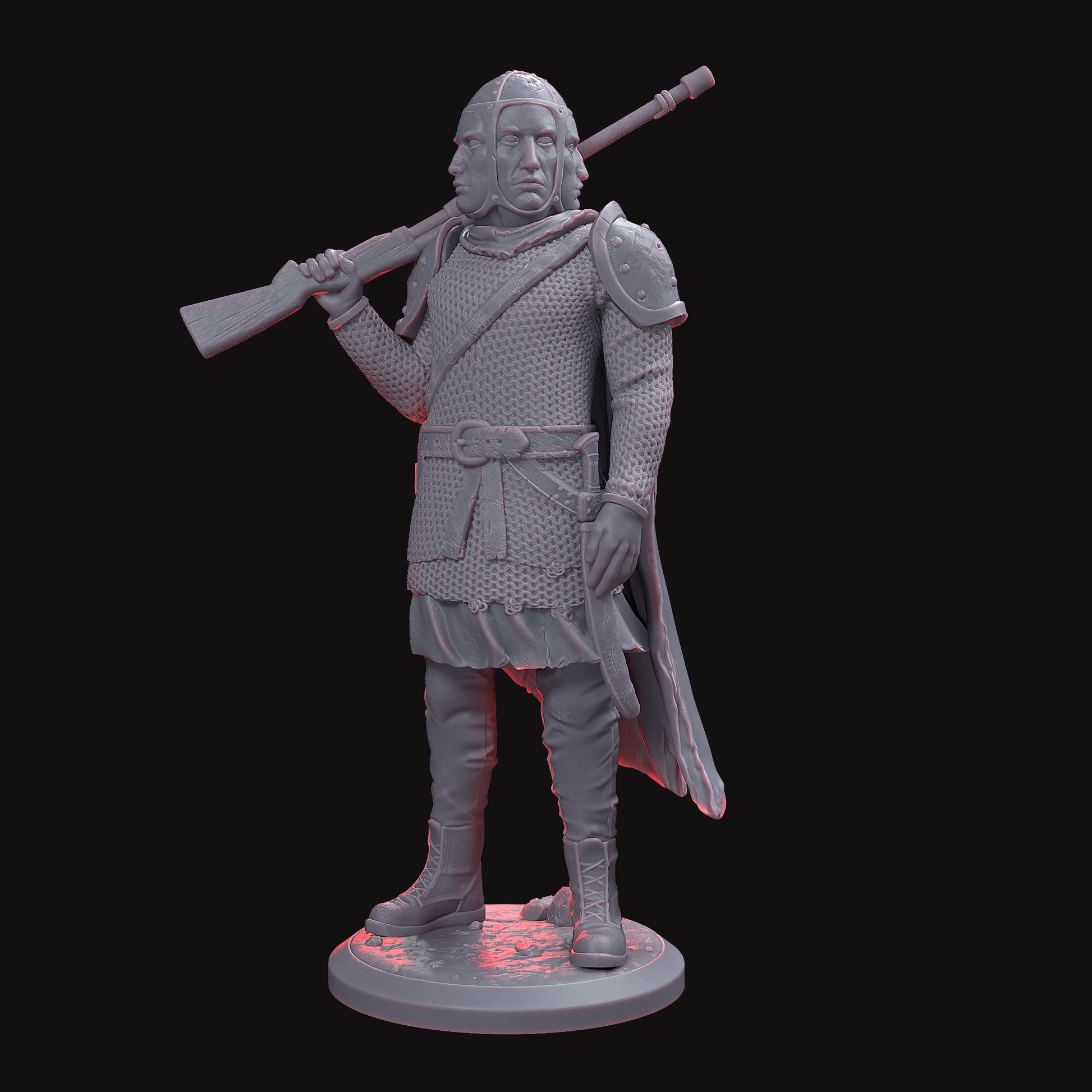 Mourão – Wandering Sentinel, a character with a mysterious past, depicted in his armor holding a rifle, standing guard as he carries the weight of memories and a broken past.