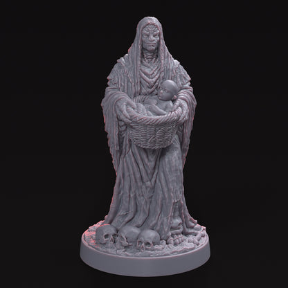 Close-up of LA COVA-AMA, THE CAVE MOTHER STL File highlighting the textures of the woven cradle and surrounding skulls.