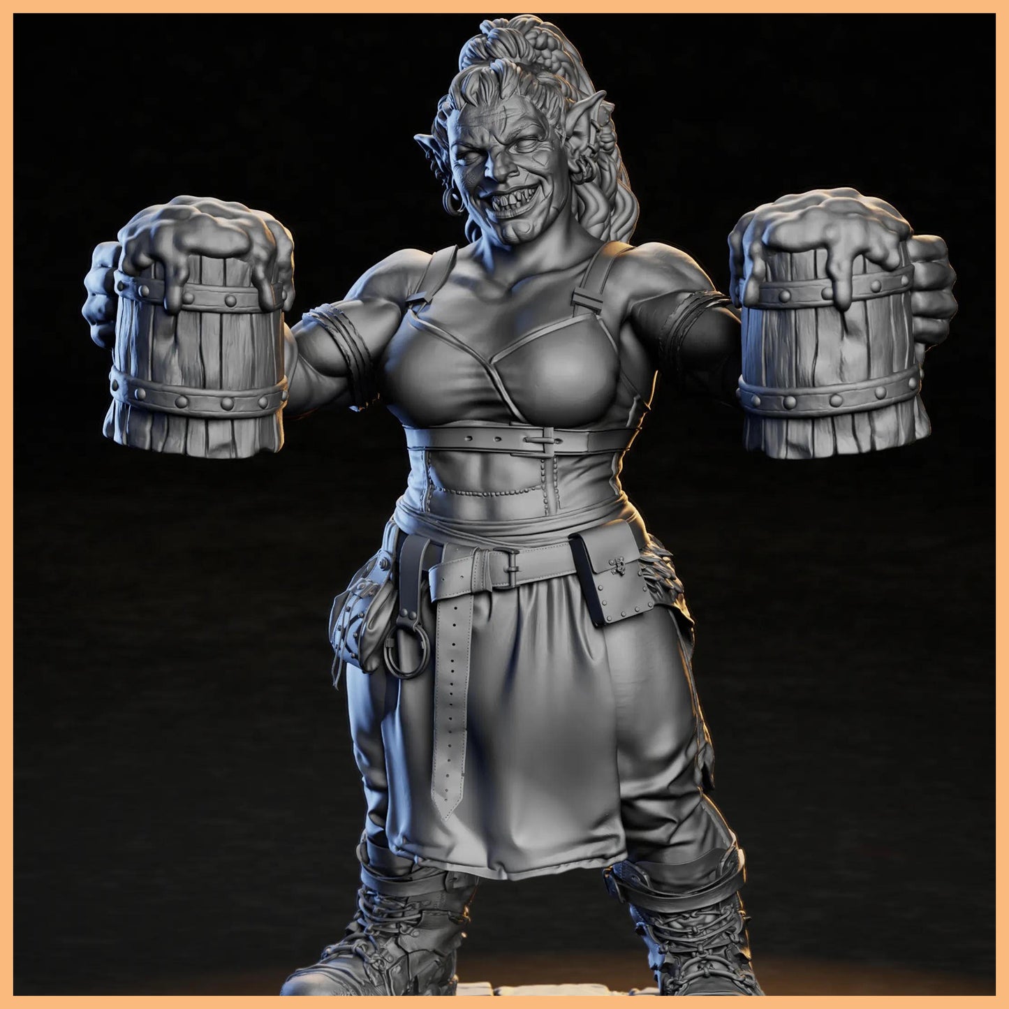 GrimSpoil Tavern Keeper standing behind a bar, ready to serve ale with a fierce expression.