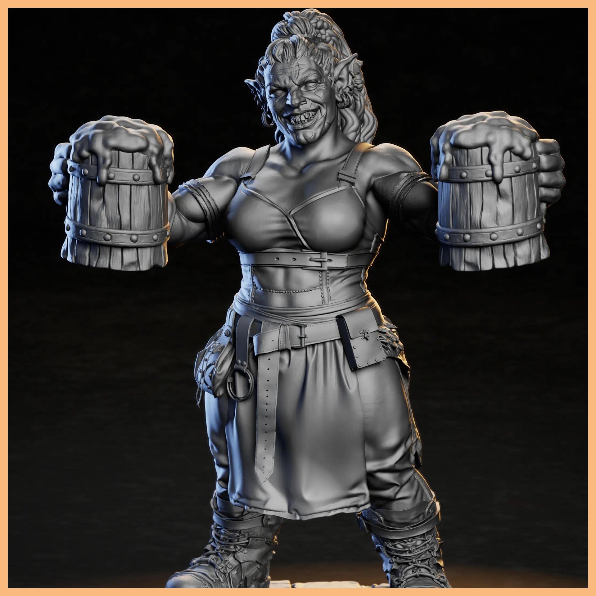 GrimSpoil Tavern Keeper standing behind a bar, ready to serve ale with a fierce expression.