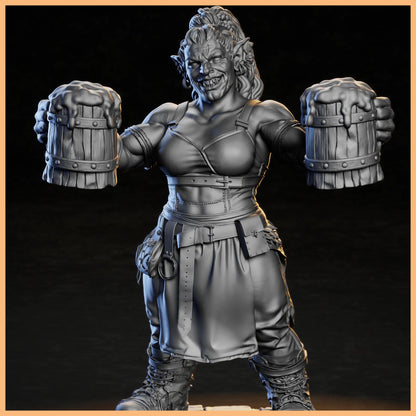 GrimSpoil Tavern Keeper standing behind a bar, ready to serve ale with a fierce expression.
