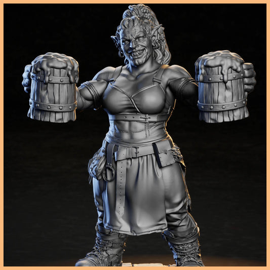 GrimSpoil Tavern Keeper standing behind a bar, ready to serve ale with a fierce expression.