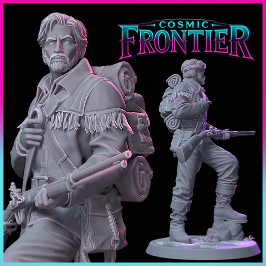 Elias Boone character depiction showing the wilderness spirit, inspired by frontier legend Daniel Boone, guiding travelers through untamed landscapes.