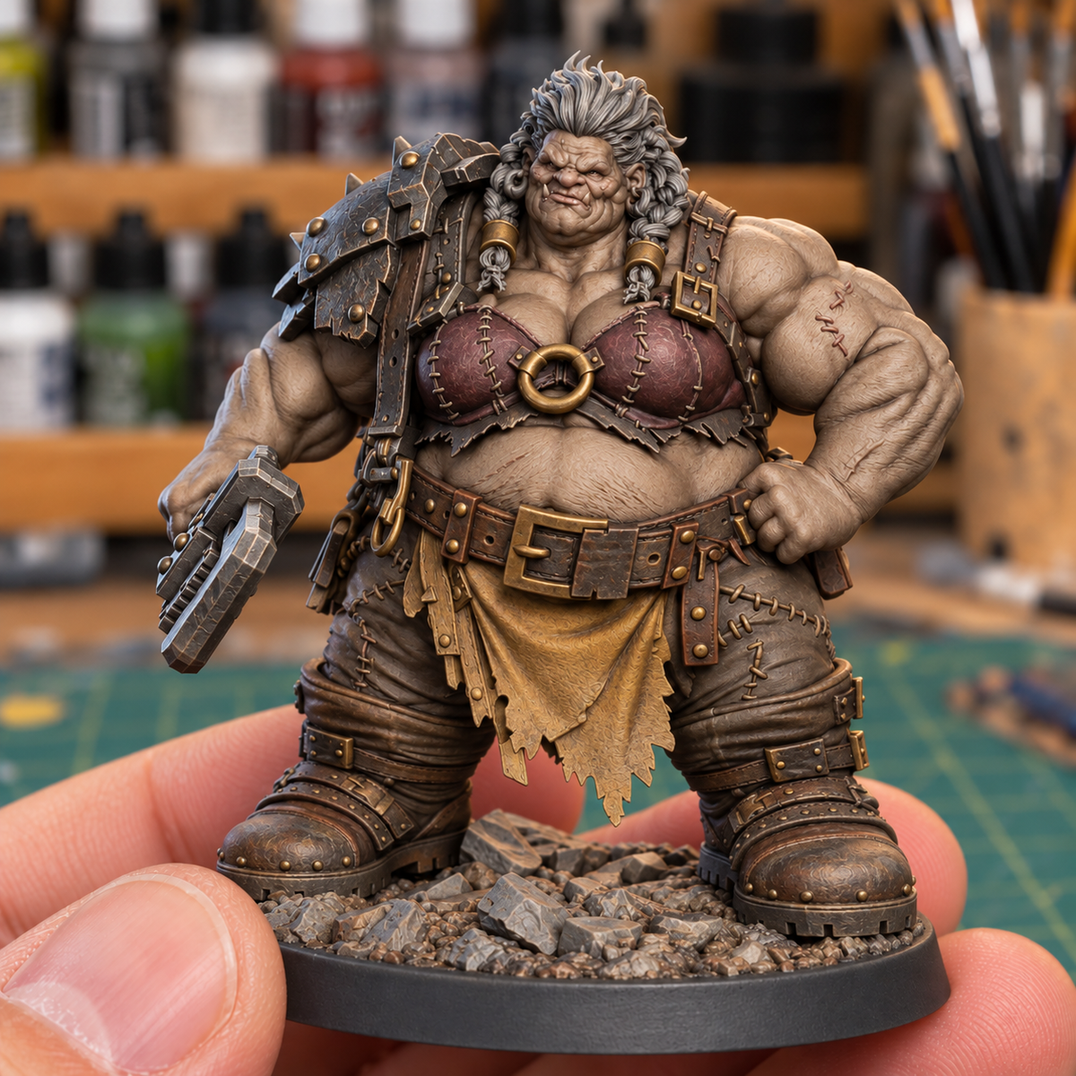 Big Mama AI paint inspiration: warm stone skin, silver hair and muted burgundy leather