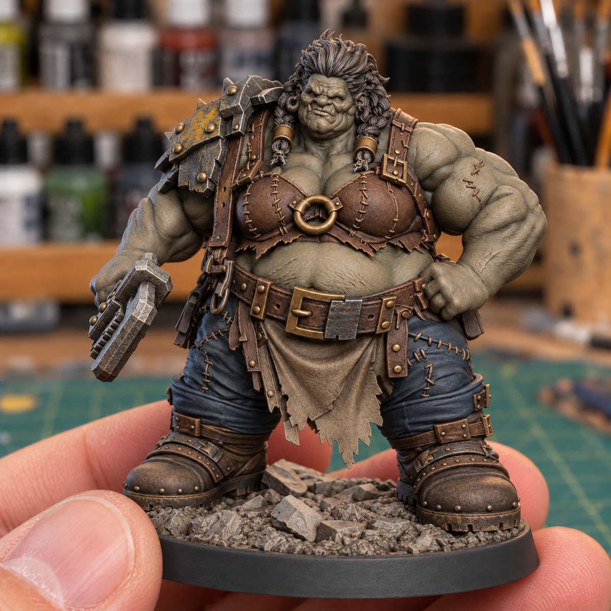 Big Mama AI paint inspiration: muted olive skin, tobacco leather and weathered mustard armor