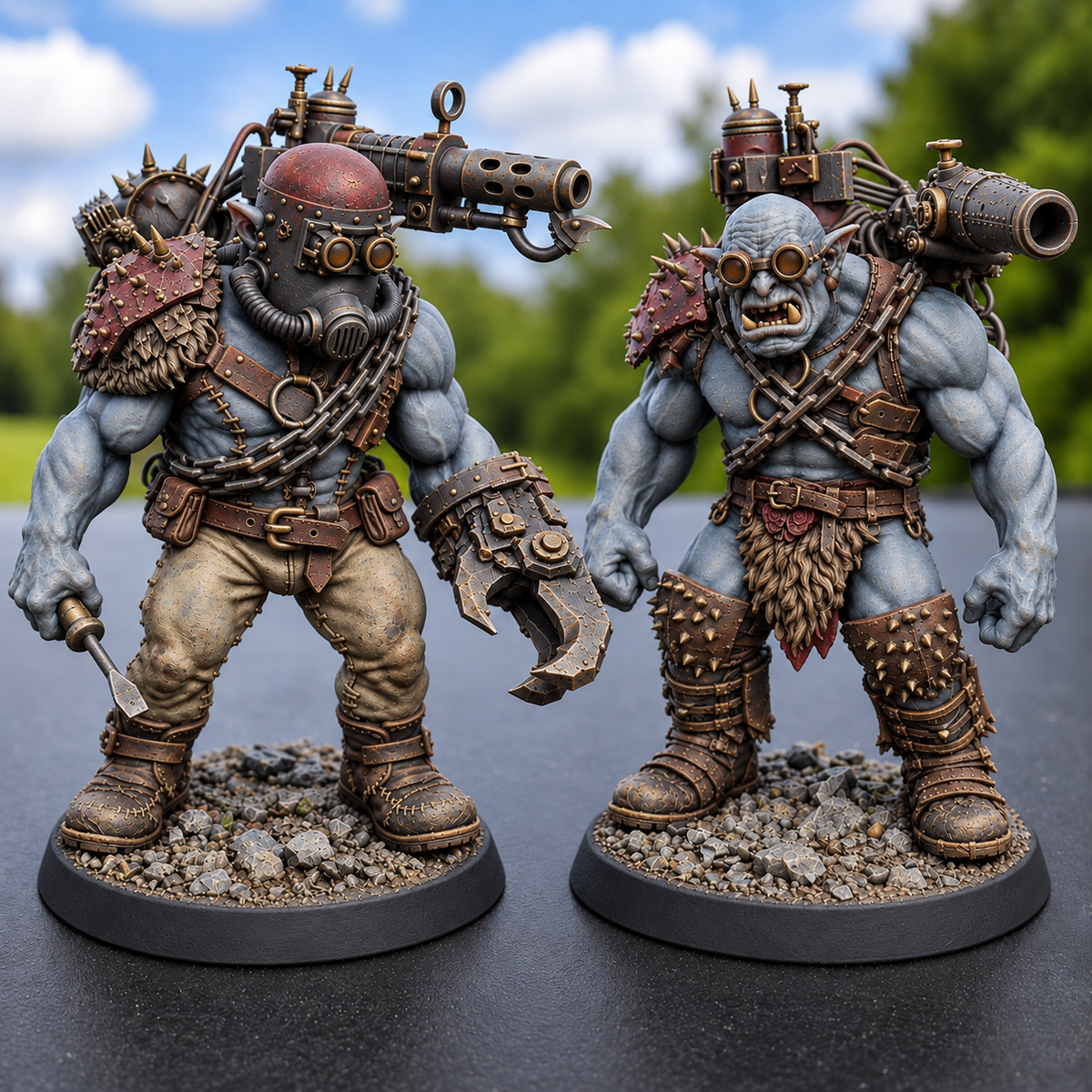 Boombastards Powder and Steel AI paint inspiration: muted blue-grey skin, burgundy armor and weathered metal