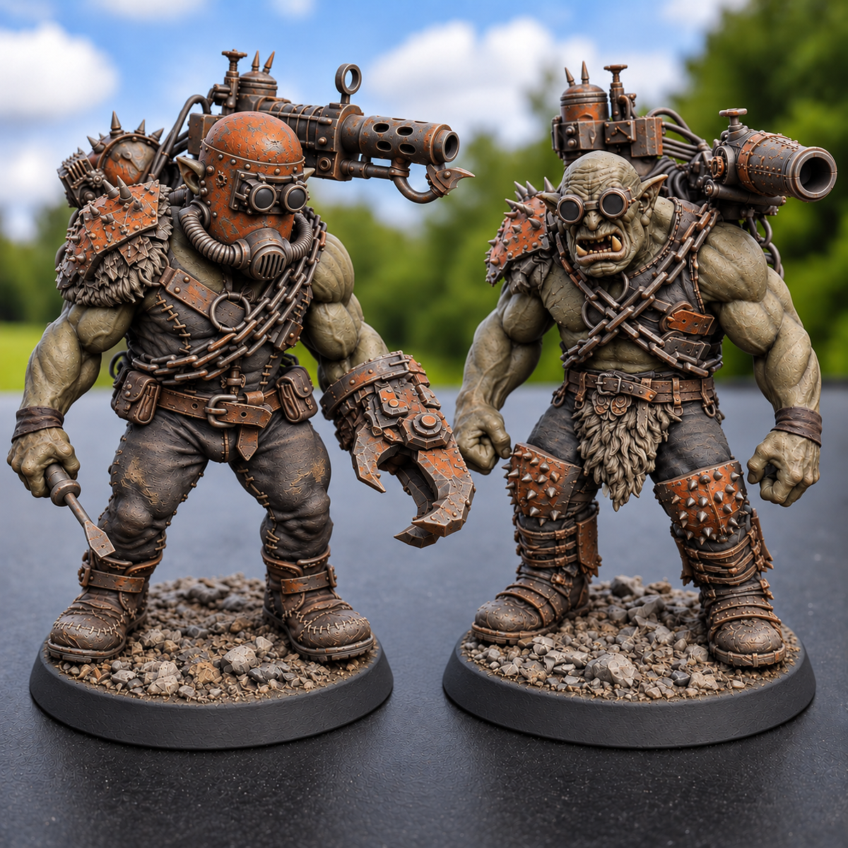 Boombastards AI paint inspiration: earthy olive skin and weathered burnt-orange armor