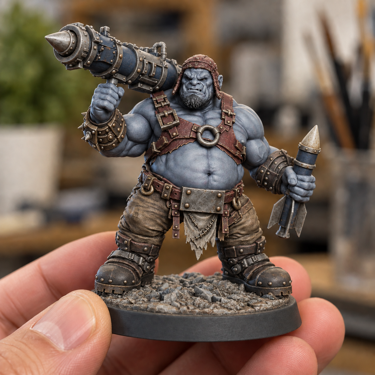 Boompa AI paint inspiration: muted slate-blue skin, oxblood leather and navy launcher