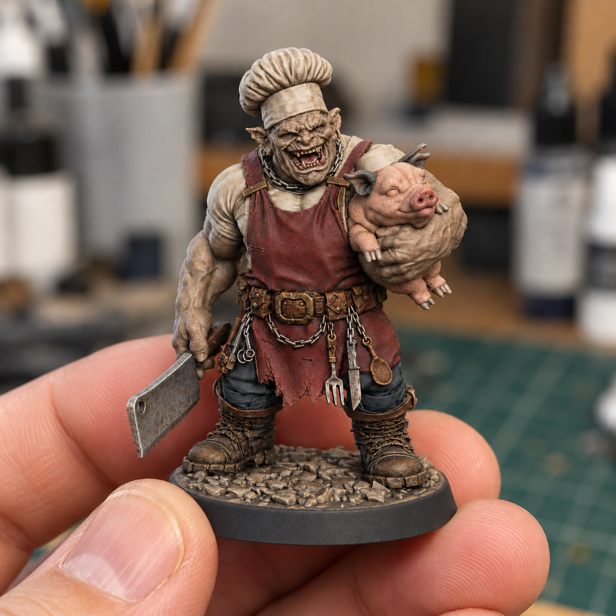 Boss Hog AI paint inspiration: warm ash skin and worn oxblood apron