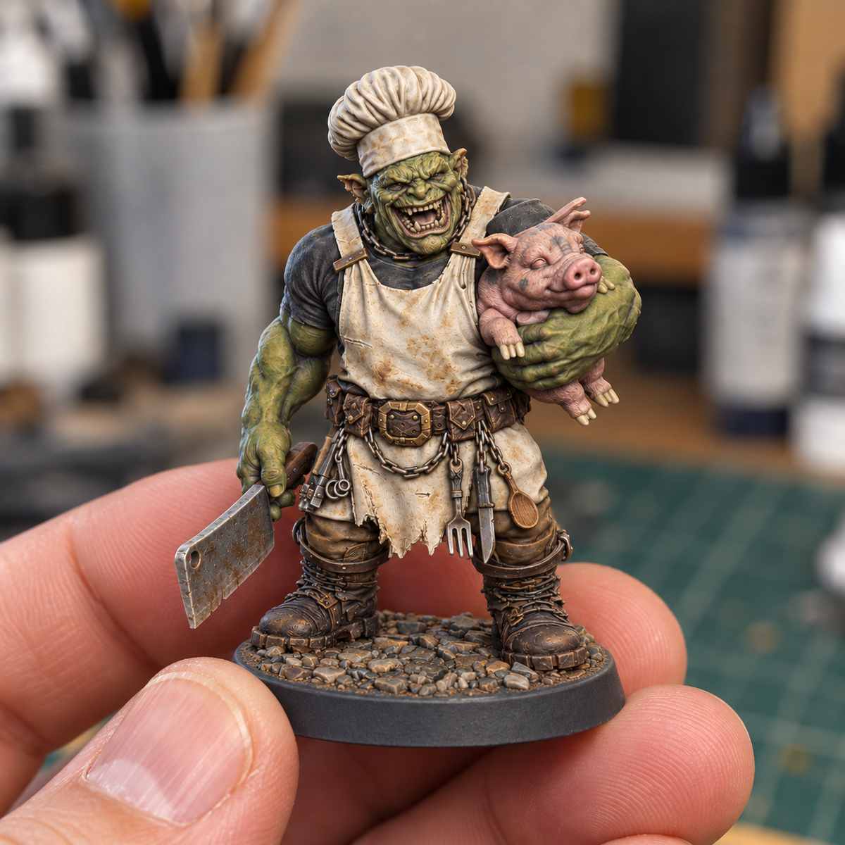 Boss Hog AI paint inspiration: muted olive skin and stained ivory chef apron