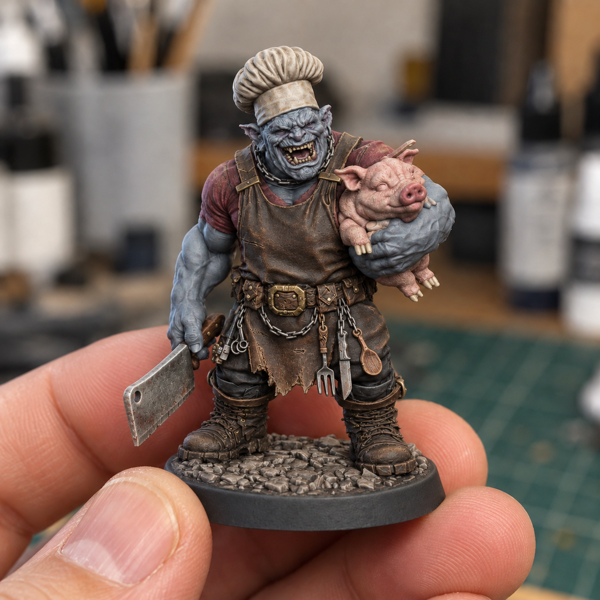 Boss Hog Smokehouse Blue AI paint inspiration: slate-blue skin and worn leather apron