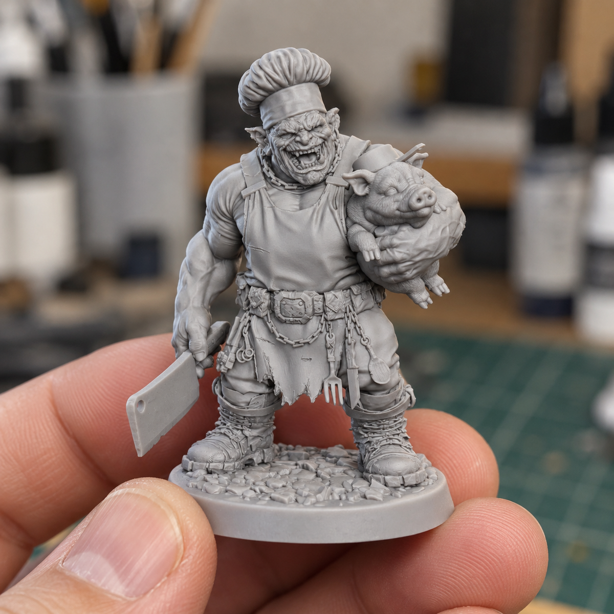 Unpainted Boss Hog chef miniature holding a pig and cleaver