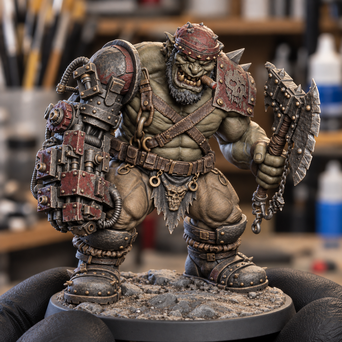 Bragg Ironjaw Old Campaigner AI paint inspiration: muted olive skin and worn oxblood armor