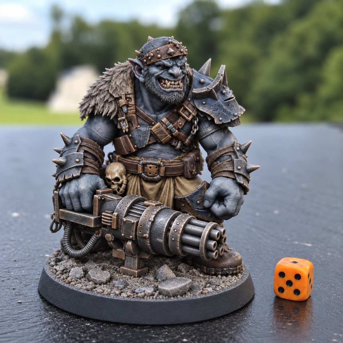 Dakka Bragg AI paint inspiration: slate-blue skin, navy armor and weathered steel