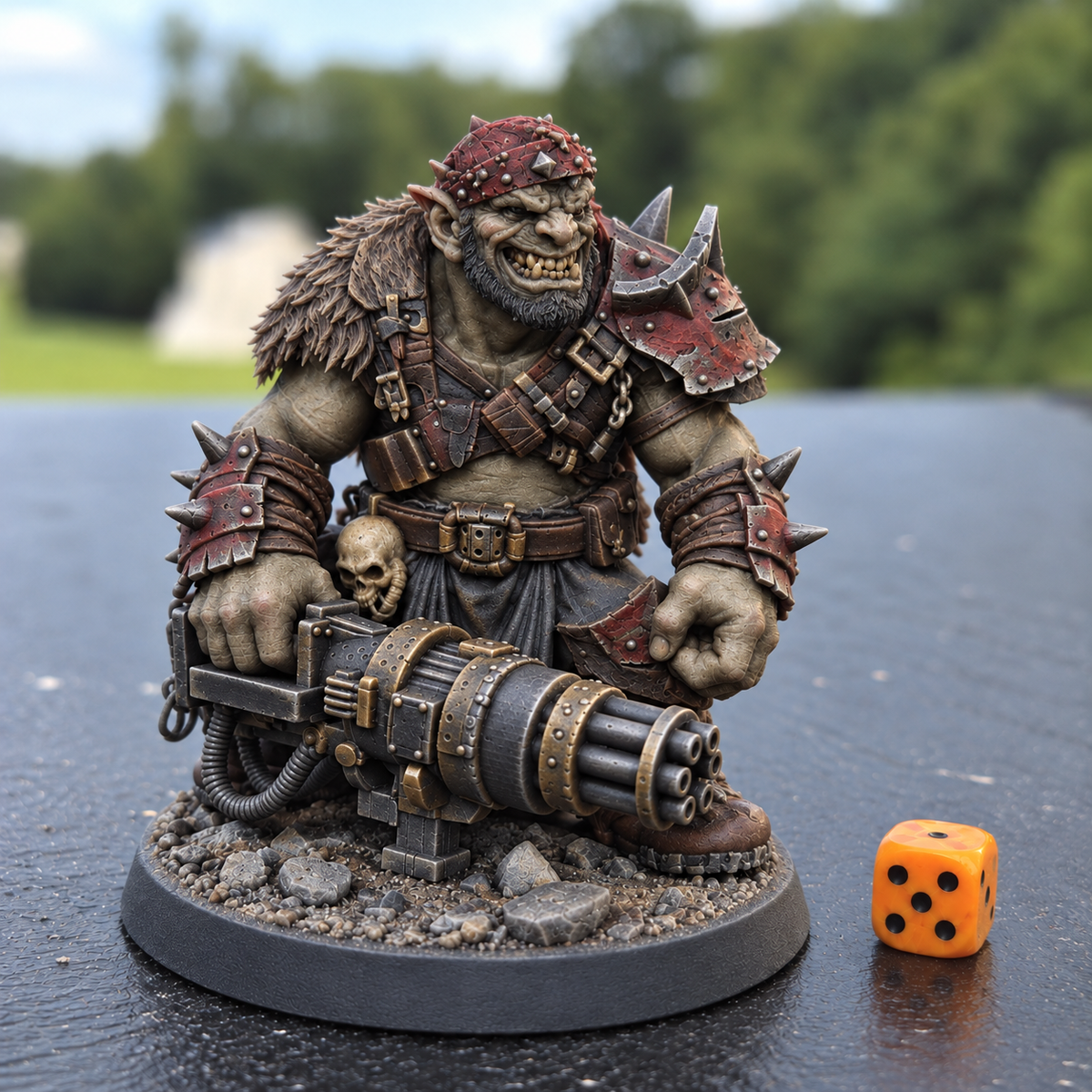 Dakka Bragg Gunmetal and Ash AI paint inspiration: ash-grey skin and worn oxblood armor